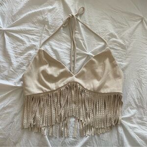 Beige Fringe Halter Top